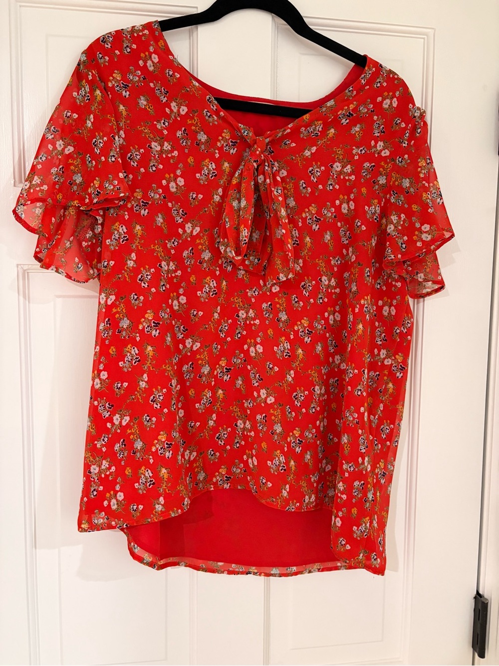 Pleione Red Floral Tie-Front Ruffle Sleeve Blouse
